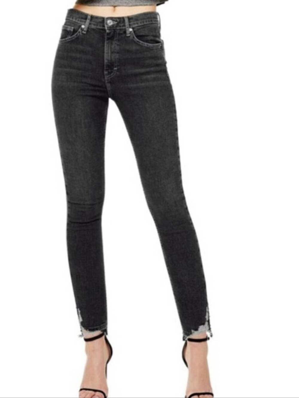 Topshop Jamie High-Waist Charcoal Skinny Jeans w/ Rough Raw Hem - Size 32